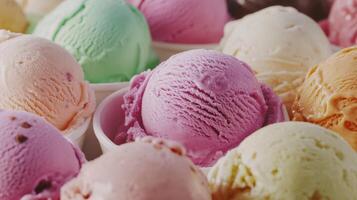 Colorful Assortment of Ice Cream Scoops in Various Flavors Served in Bowls at a Summer Dessert Event photo