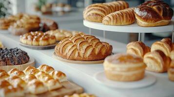 Delicious Assortment of Freshly Baked Pastries and Breads on Display at a Bakery photo