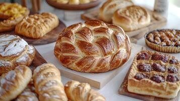 A Variety of Freshly Baked Artisan Breads and Pastries Displayed on Wooden Boards photo