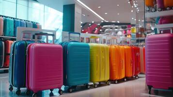 Colorful Luggage Display in Modern Retail Store Showcasing Various Styles and Designs During Afternoon Shopping Hours photo