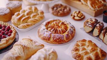 Assorted Freshly Baked Pastries and Breads Displayed on a White Table in a Bright Bakery photo