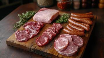 Fresh Cuts of Meat Displayed on Rustic Wooden Board With Herbs and Seasonings photo