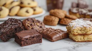 An Abundance of Homemade Cookies and Brownies on a Marble Countertop in a Cozy Kitchen Setting photo