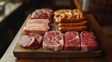 Assorted Cuts of Meat and Pretzels Displayed on Wooden Cutting Board in Rustic Kitchen photo