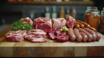 Colorful Array of Fresh Cuts of Meat Displayed on a Wooden Cutting Board in a Kitchen Setting photo