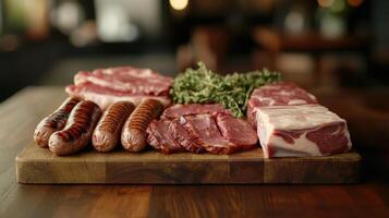 Assorted Fresh Meats Prepared for Barbecue on Wooden Cutting Board in Warm Restaurant Setting photo