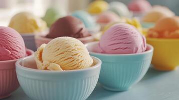 Colorful Bowls of Ice Cream Displayed on a Light Blue Table During a Sunny Afternoon Gathering photo