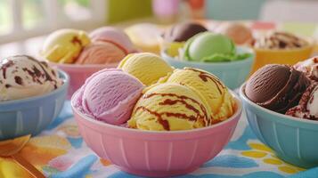 Colorful Bowls of Ice Cream Displayed on a Table During a Summer Gathering With Friends photo