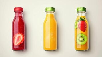 Vibrant Bottles of Fresh Fruit Juices Garnished With Colorful Fruits on Neutral Background photo