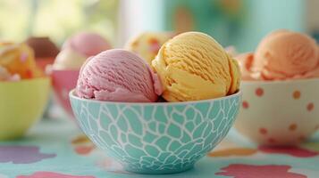 Colorful Ice Cream Scoops in Bowls on a Bright Summer Day photo