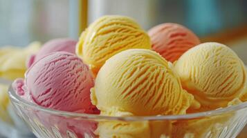 Colorful Assortment of Ice Cream Scoops in a Glass Bowl at a Summer Gathering photo