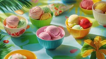 Colorful Ice Cream Scoops in Small Bowls on Vibrant Tropical Tablecloth at Sunny Afternoon Gathering photo