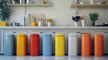 Colorful Trash Bins Lined Up in a Modern Kitchen With Natural Light During Daytime photo