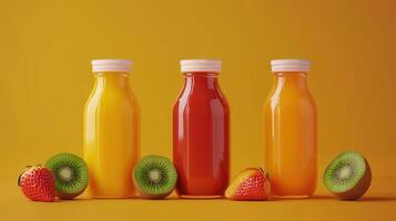 Colorful Bottles of Fresh Fruit Juices With Strawberries and Kiwi on Bright Yellow Background photo