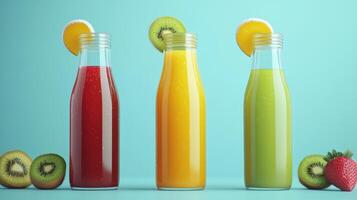 Vibrant Array of Freshly Squeezed Juices Displayed With Fruits Against Light Blue Background photo