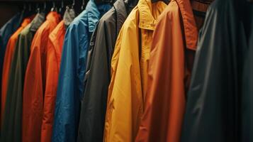 Colorful Selection of Waterproof Jackets Hanging in a Retail Store During the Autumn Season photo