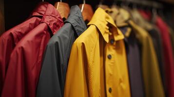 Colorful Collection of Rain Jackets Displayed in a Retail Clothing Store During the Fall Season photo