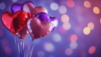 Colorful Heart-Shaped Balloons Floating Against a Soft Purple Background at a Celebration Event photo