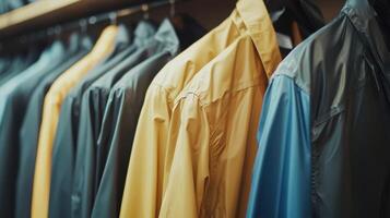 Colorful Rain Jackets Hanging Neatly on Hangers in an Outdoor Apparel Store During Early Spring Season photo