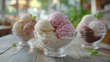 Colorful Scoops of Ice Cream in Glass Bowls on Wooden Table at a Cozy Cafe During Sunny Afternoon photo