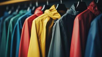 Colorful Rain Jackets Hanging on Racks in a Retail Store During the Afternoon photo