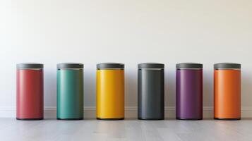 Colorful Modern Trash Bins Lined Up Against A Plain Wall In A Contemporary Space photo