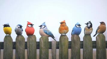 Colorful Birds Perched on a Wooden Fence During a Foggy Morning in Nature photo
