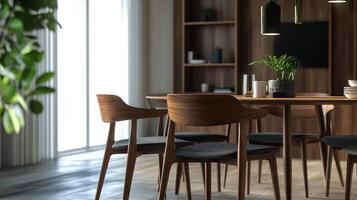 Modern Dining Room With Wooden Chairs and Green Plant in Natural Light photo