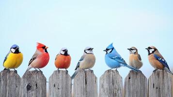 Colorful Birds Perched on a Wooden Fence in a Natural Setting During Clear Weather photo