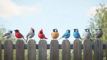 Colorful Birds Perched on a Rustic Wooden Fence Enjoying a Sunny Day in a Beautiful Natural Setting photo