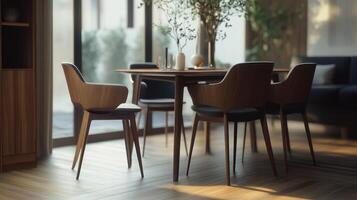 Modern Wooden Dining Room Setup With Elegant Chairs and Table in Sunlit Space photo