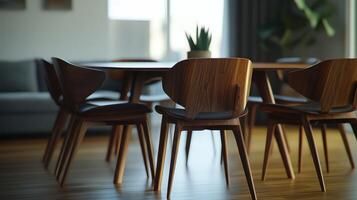 Elegant Wooden Dining Room Set With Chairs Near Large Window in Bright Modern Apartment photo