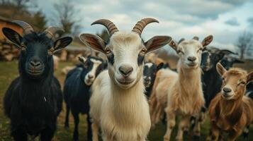 Group Of Farm Goats Grazing Together On An Autumn Afternoon In A Serene Countryside Setting photo