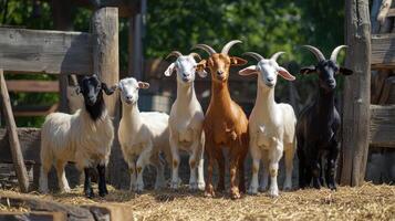 Group Of Six Goats Standing Together On A Sunny Day In A Farmyard Surrounded By Green Grass And Wooden Fencing photo