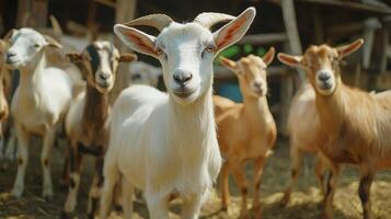 A Group of Friendly Goats Grazing Together on a Sunny Day in a Rustic Farmyard photo