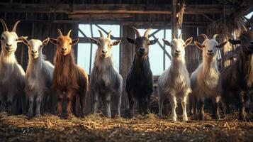 Goats Gathered in a Rustic Barn With Sunlight Streaming Through Windows at Dawn photo