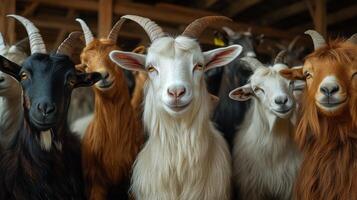 Group Of Friendly Goats Smiling Together Inside A Rustic Barn During Daylight photo