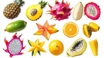 Colorful Variety of Exotic Fruits Displayed on White Background in Bright Arrangement photo