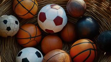 Diverse Collection of Sports Balls in a Woven Basket on a Sunny Afternoon photo