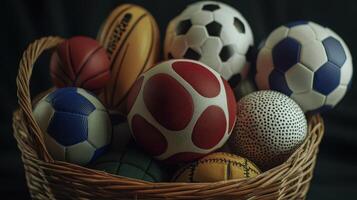 A Variety Of Sports Balls Gathered Together In A Woven Basket Displaying Different Textures And Patterns photo