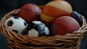 Collection of Various Sports Balls in a Wicker Basket at Home photo