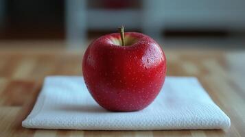 Ripe Red Apple Sitting on a White Napkin on a Wooden Countertop in a Kitchen Environment photo