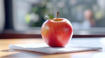 Fresh Red Apple Resting on White Napkin in Bright Morning Light Near Window photo