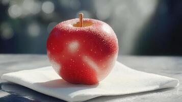 Crisp Red Apple Glistening With Water Droplets on White Napkin in Bright Natural Light photo