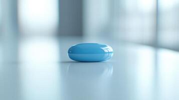 A Close-Up View of a Bright Blue Object on a Reflective Surface in a Modern Indoor Setting photo