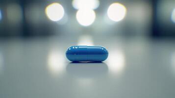 Bright Blue Capsule Resting on a Reflective Surface in a Clinical Environment With Soft Lighting photo