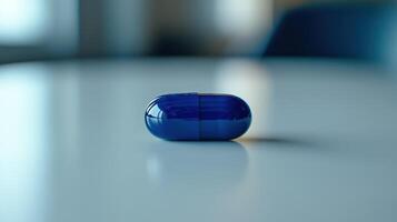 Blue Capsule Resting on a Smooth Table Surface in a Modern Office Environment During Daylight Hours photo