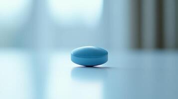 Small Blue Pill Standing Upright on a Reflective Surface in Bright Indoor Light photo