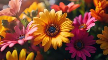 Vibrant Colorful Flowers Displayed in Bright Sunshine During Spring Bloom photo