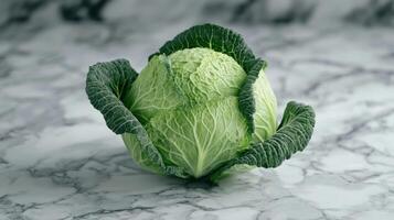 Fresh Green Cabbage Sitting on a Marble Surface in a Bright Kitchen Setting photo
